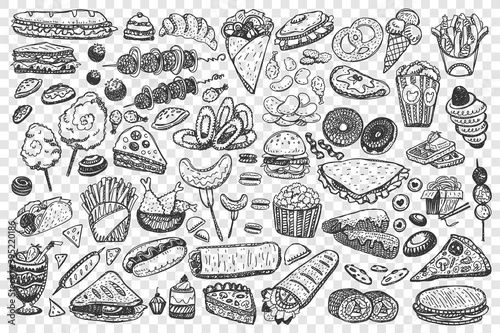 Fast food doodle set. Collection of pop corn cake hamburger hot dog crisps hamburger noodles and pizza on transparent background. Unhealthy nutrition and junk meal illustration.