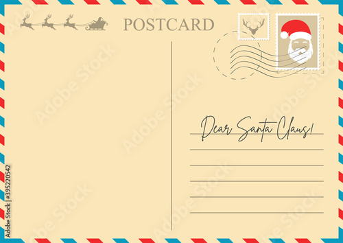 Christmas letter to Santa Claus. Christmas postcard template with Santa Claus, reindeer and empty space for text, vintage envelope