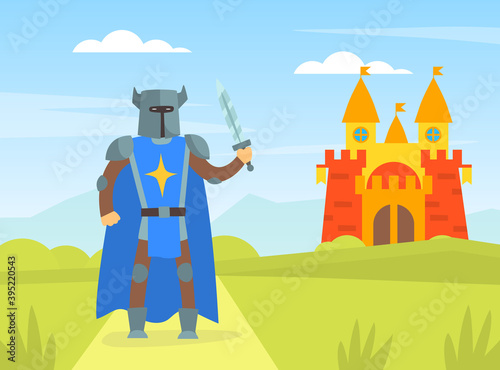 Medieval Armored Knight Warrior Standing on Nature Landscape with Castle Cartoon Vector Illustration