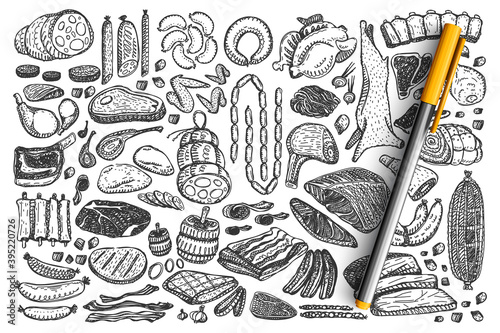 Meat doodle set. Collection of grocery store lamb pig cow steak roast beef sausage chicken bacon ribs for grill bbq isolated on white background. Animal product food meal barbecue slices illustration.