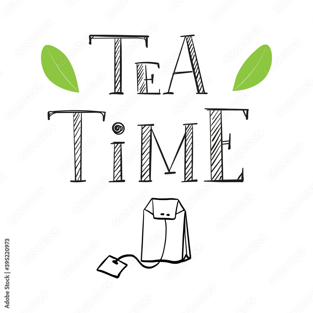 Hand lettering, wordstea Time. The letters and decor are handdrawn