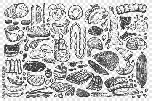 Meat doodle set. Collection of grocery lamb pig cow steak roast beef sausage chicken bacon ribs for grill bbq isolated on transparent background. Animal product food meal barbecue slices illustration.