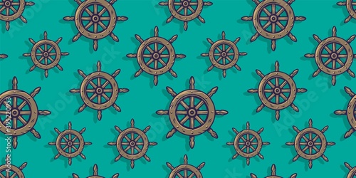 Colored seamless pattern wallpaper with nautical helm. Old, vintage, and antique steering symbol. Ocean life for marine design