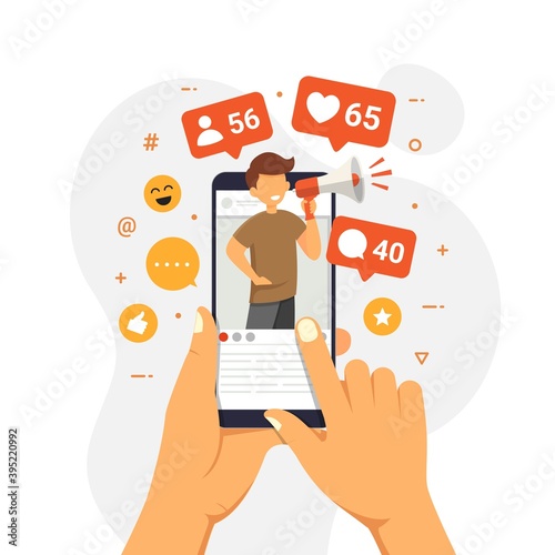 Social Media Influencer Concept Showing people bringing likes and reactions to a social media profile on a smartphone for get engagement. hand with phone vector illustration