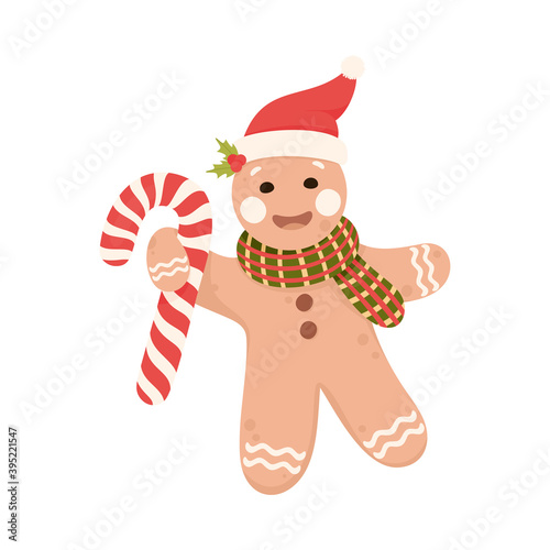 Baked Gingerbread Man in Scarf Holding Candy Cane Vector Illustration
