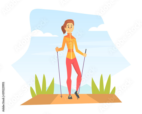 Young Woman Performing Nordic Walking on Nature, People in Sports Clothing Enjoying Walking in Open Air Cartoon Style Vector Illustration