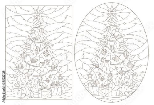 Contour illustrations of a stained glass window with a Christmas trees and a toy bear ,dark outlines on white background