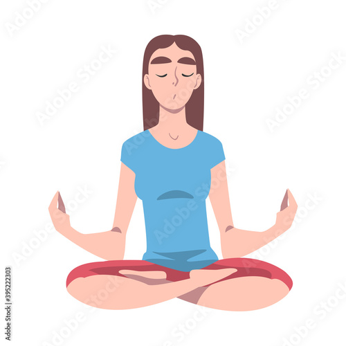 Young Woman Cross-legged Sitting in Padmasana or Lotus Position Vector Illustration