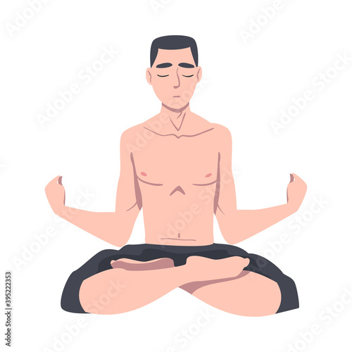 Young Man Cross-legged Sitting in Padmasana or Lotus Position Vector Illustration