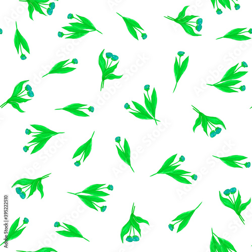 Seamless botanical pattern with blue watercolor flowers and bright green leaves on a white background. Handmade illustration for postcards, wallpaper, stationery, fabric, packaging.