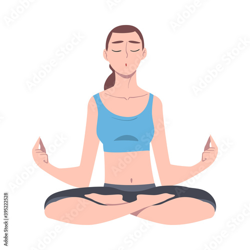 Young Woman Cross-legged Sitting in Padmasana or Lotus Position Vector Illustration