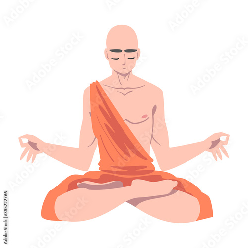 Buddhist Monk in Saffron Robe Sitting in Padmasana Vector Illustration