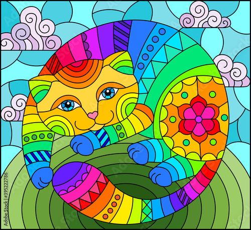 Illustration in stained glass style with abstract cute rainbow cat on a blue background, square image
