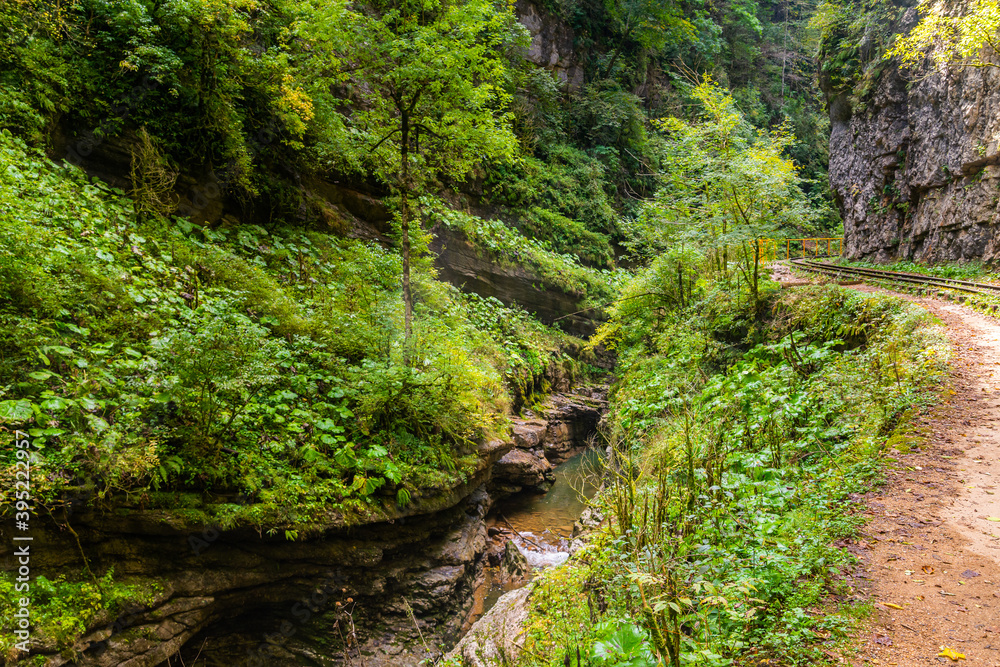 Old narrow gauge railway in mountain region. Old narrow gauge railway in mountain region.