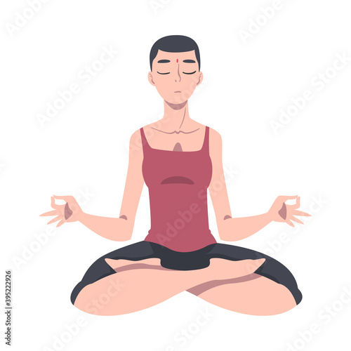 Meditative Female Engaged in Pranayama Practice Sitting in Lotus Position Vector Illustration