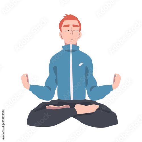 Meditative Male Engaged in Pranayama Practice Sitting in Lotus Position Vector Illustration