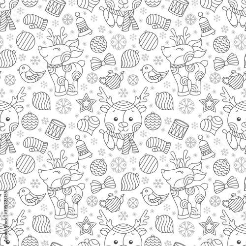 Seamless pattern on the theme of New year and Christmas,contour Christmas tree toys, deers and snowflakes, dark outlines on a white background