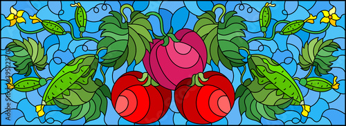 Illustration in stained glass style with vegetable composition, ripe tomatoes, cucumbers and leaves on a blue background, horizontal orientation