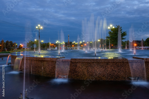 Night view of Singing Fountains in Strelka Park in Yaroslavl city, Russia