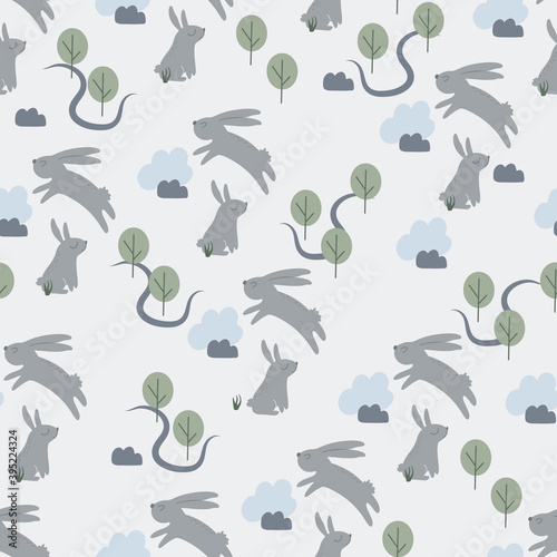 Seamless pattern with cute rabbits among the trees. Decorative wallpaper for the nursery in the Scandinavian style. Vector. Suitable for children's clothing, interior design, packaging, printing.