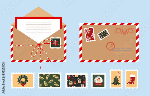 Christmas open envelope with a letter. New Year postage stamps in flat style. Vector stock illustration