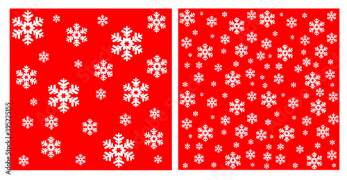 Set of vector illustrations of a Christmas pattern, white snowflakes on a red background, for gift paper, bed linen, banner, etc.