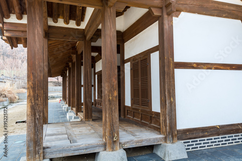 Wooden house with black tiles of Hwaseong Haenggung Palace loocated in Suwon South Korea, the largest one of where the king and royal family retreated to during a war  © zz3701
