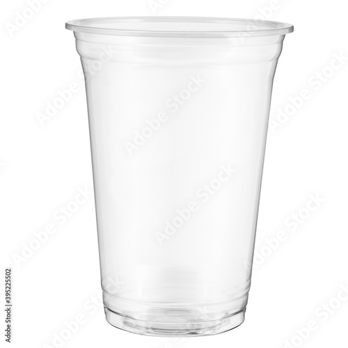 One empty disposable transparent plastic cup isolated on white background