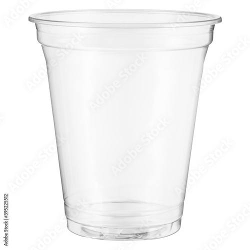 One empty disposable transparent plastic cup isolated on white background