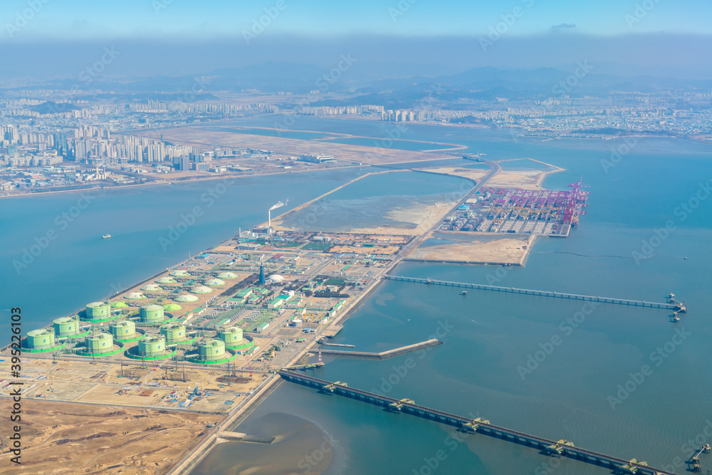 Aerial View of Incheon City from a window of aeroplane.