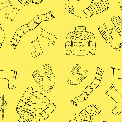 Seamless pattern with warm clothing on a yellow background. Warm sweater, scarf, mittens, rubber boots. Design of posters, kitchen textiles, clothing and websites