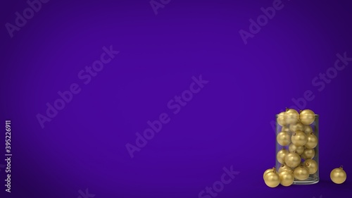 Christmas tree gold decoration balls with solid glass cylinder box on violet background 3d render illustration