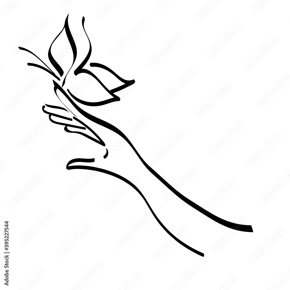 Obraz premium Female hand with butterfly. Beautiful girl fingers. Vector line art ilustration isolated on white background. For advertising of perfume, beauty salon, manicure.