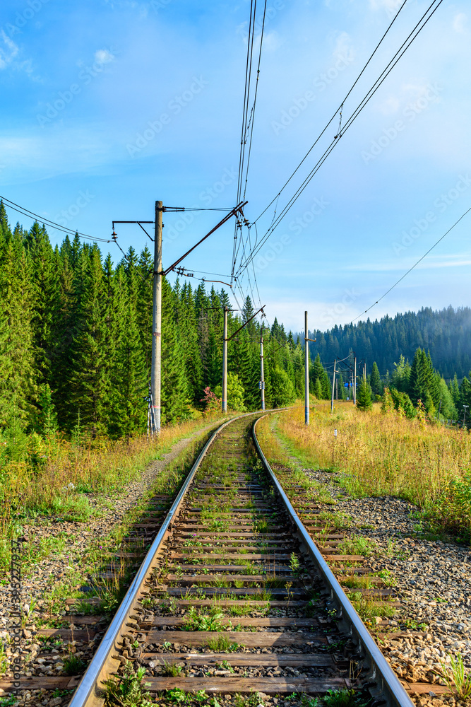 Railway track in the forest in a mountainous area