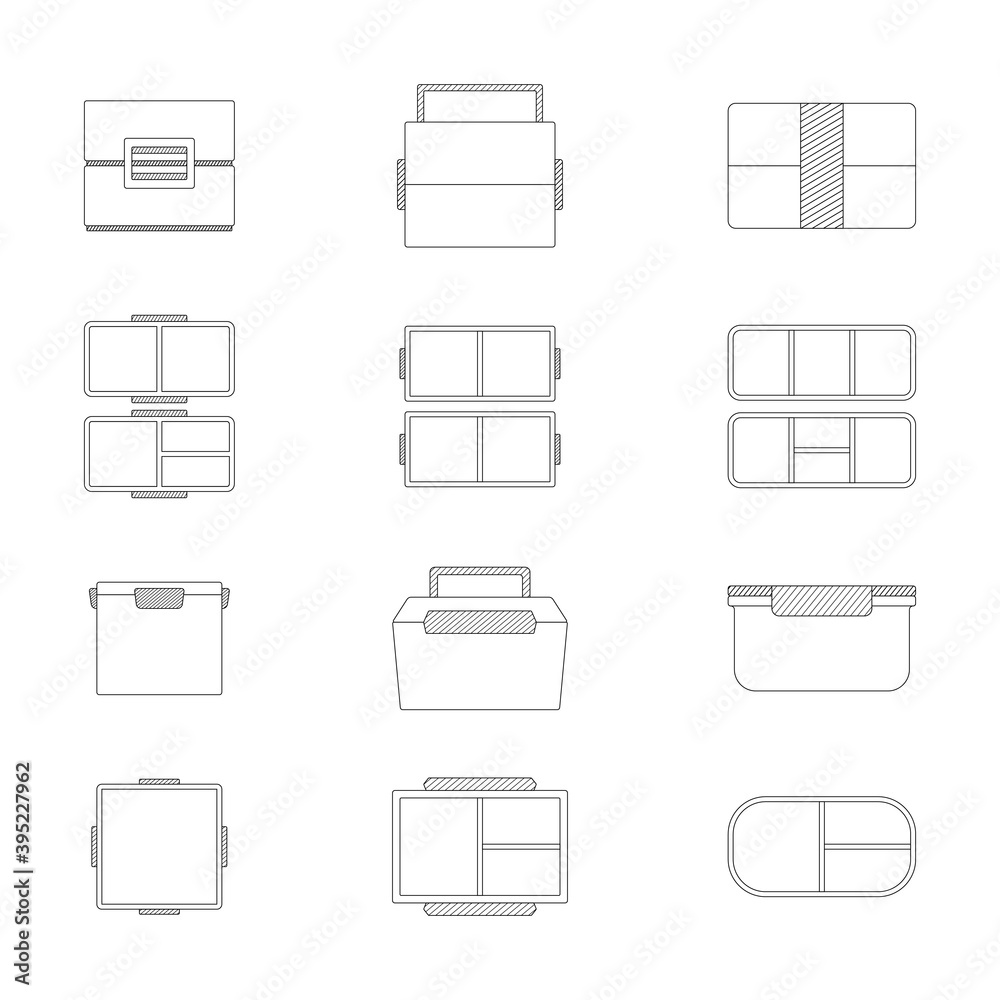 Vector set of linear minimalistic lunchbox icons. Black-white sketchy illustration with a side view and in an open form, on a white background. Vector set of linear minimalistic lunchbox icons. Black-white sketchy illustration with a side view and in an open form, on a white background.