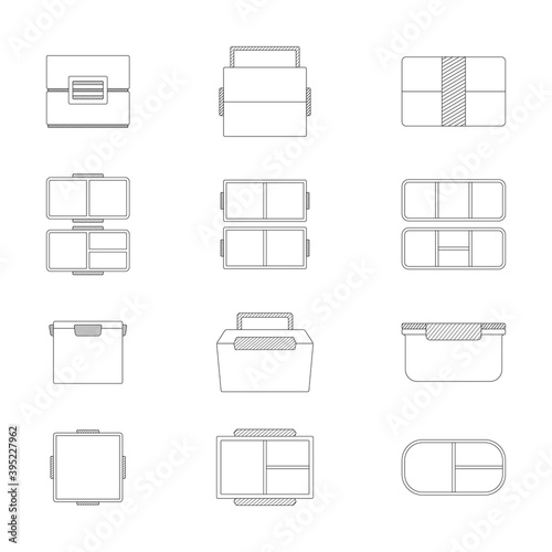 Vector set of linear minimalistic lunchbox icons. Black-white sketchy illustration with a side view and in an open form, on a white background.