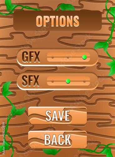 Portrait wooden nature leaves game ui options menu interface for gui asset elements vector illustration