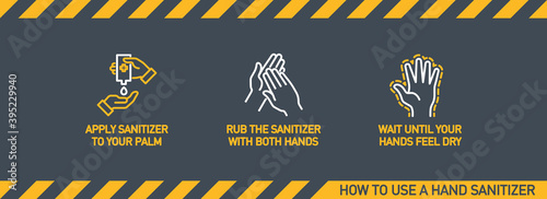Infographic illustration of How to use hand sanitizer properly. instructions using wall dispenser antiseptic for hand disinfection: press your elbow on button lever, apply sanitizer on palm, rub hands