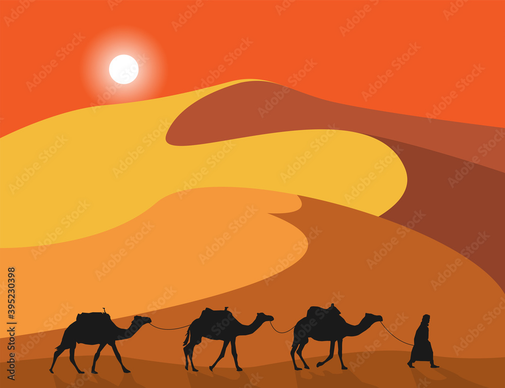 Lonely Arabic man with camels on sand dunes Lonely Arabic man with camels on sand dunes