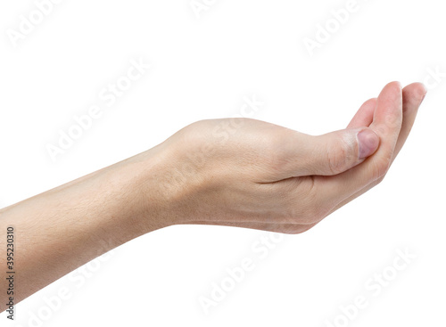 Outstretched hand gesture, holding, asking or offering something, isolated on white background