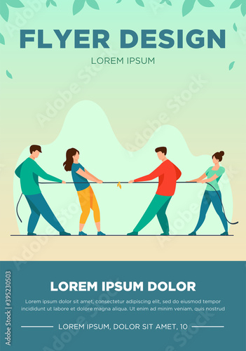 People pulling opposite ends of rope flat vector illustration. Tug of war contest between office workers. Competition challenge and confrontation concept