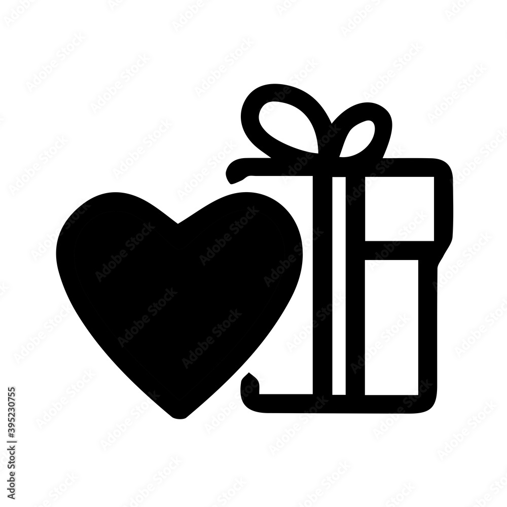 Gift and silhouette of heart beside on white background