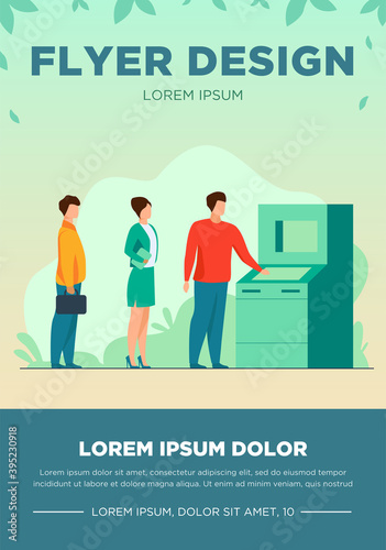 People waiting in queue for bank machine vector illustration. Customers standing in line for payment. Withdrawing money in bank