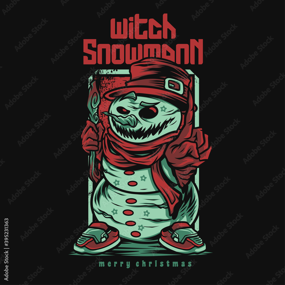 Witch Snowman Happy Christmas Cartoon Illustration