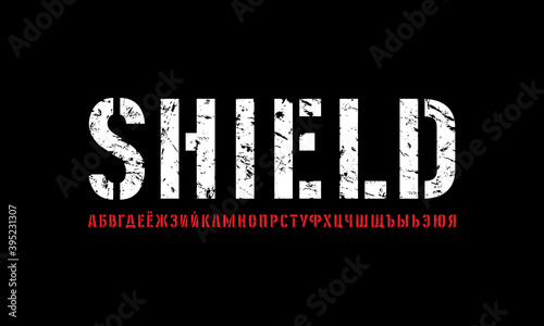 Cyrillic stencil-plate sans serif font in military style