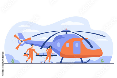 Medical workers wheeling gurney with injured person to copter for evacuation. Vector illustration for emergency, ambulance air transport, rescue helicopter concept