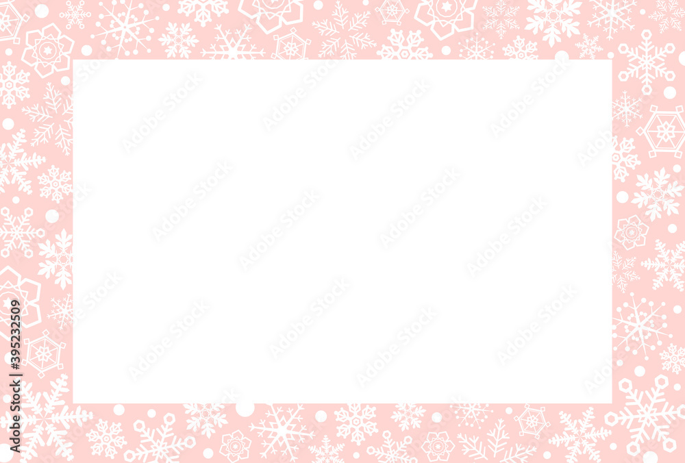 Pale pink frame with snowflakes studded around. Vector illustration.