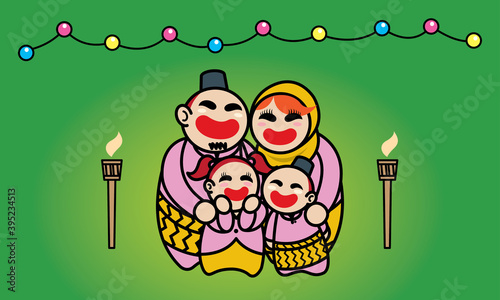 A happy Muslim family celebrating Raya festival. Background with Raya's elements. Vector.