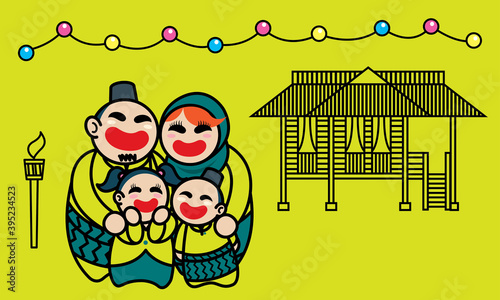 A happy Muslim family celebrating Raya festival. Background with Raya's elements. Vector.