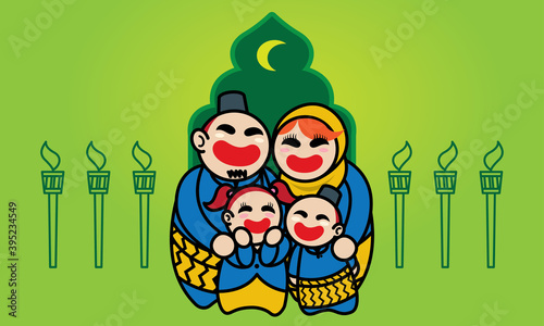 A happy Muslim family celebrating Raya festival. Background with Raya's elements. Vector.